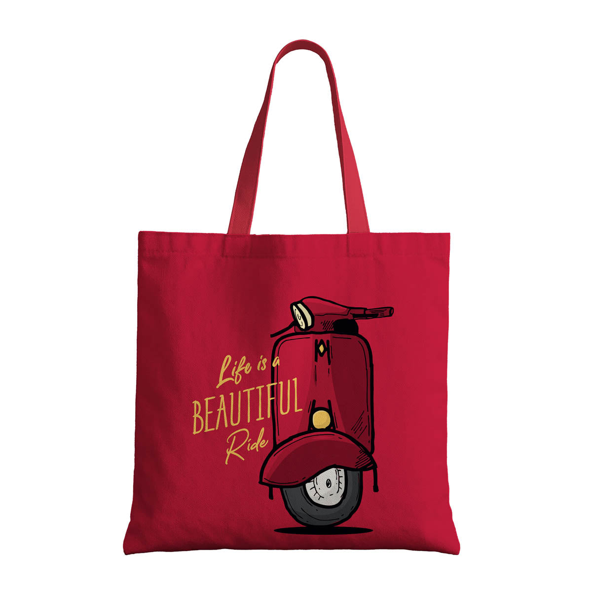 A red tote bag decorated with a playful scooter image.