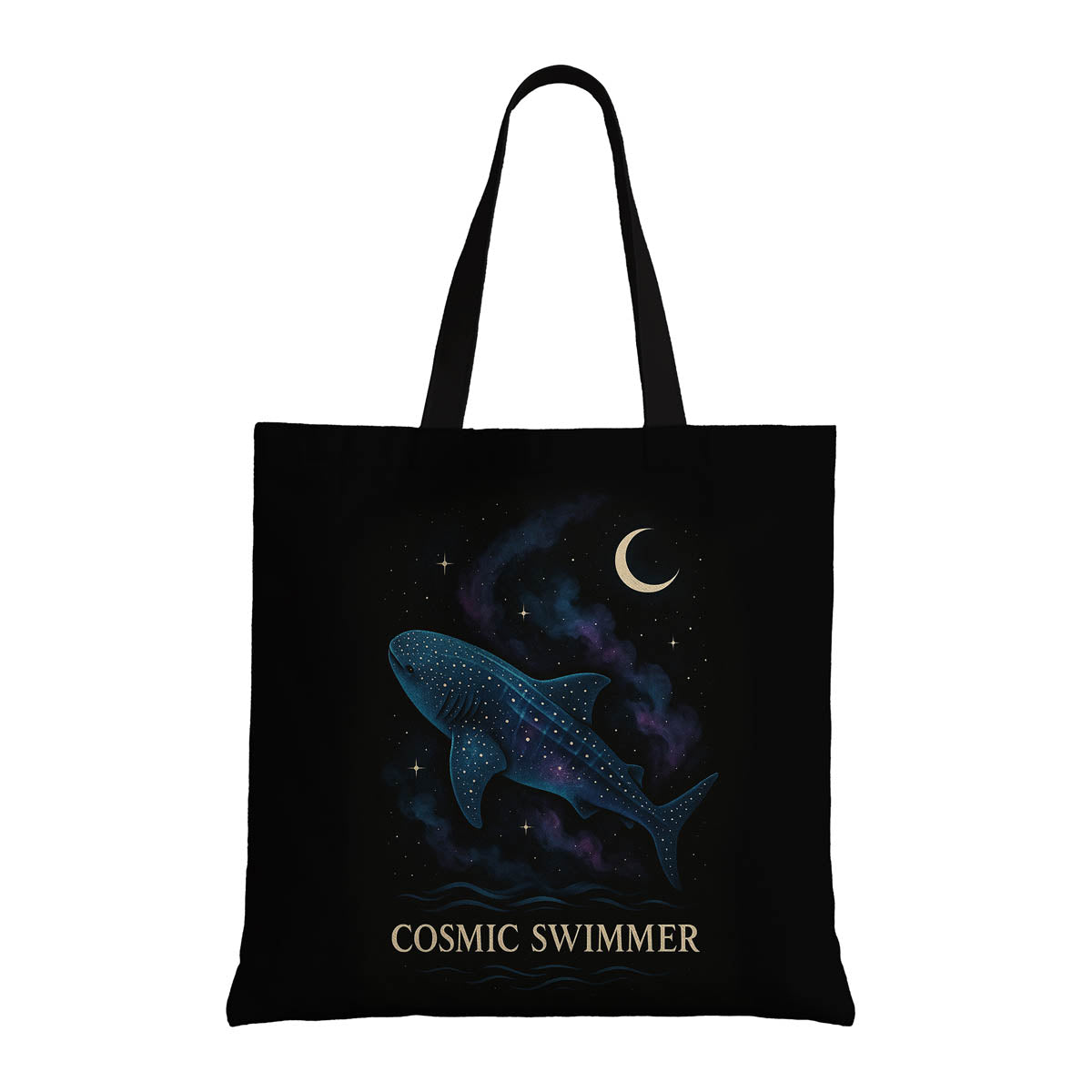 A colorful tote bag featuring a whale shark cosmic swimmer, artistically blending elements of space and water in its design.