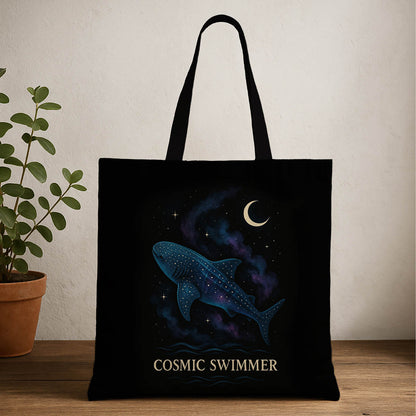Tote bag featuring a cosmic swimmer whale shark design, showcasing vibrant colors and a whimsical underwater scene.