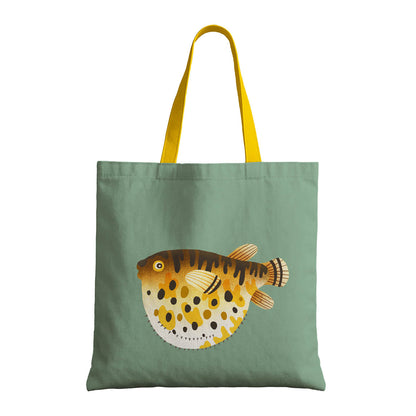A tote bag displaying a whimsical puffer fish motif, perfect for casual outings.