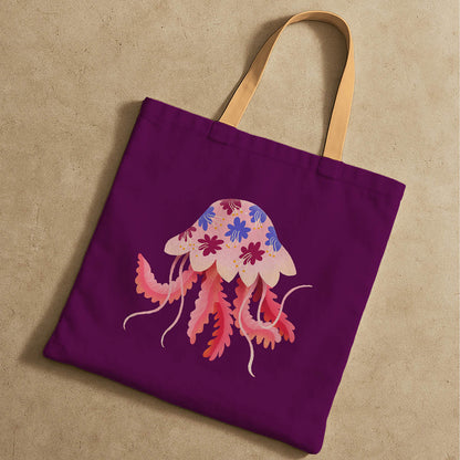 A purple tote bag showcasing a detailed jellyfish graphic.