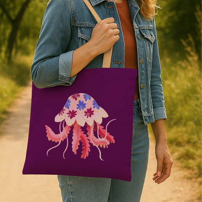 A stylish purple tote bag adorned with a vibrant jellyfish illustration.