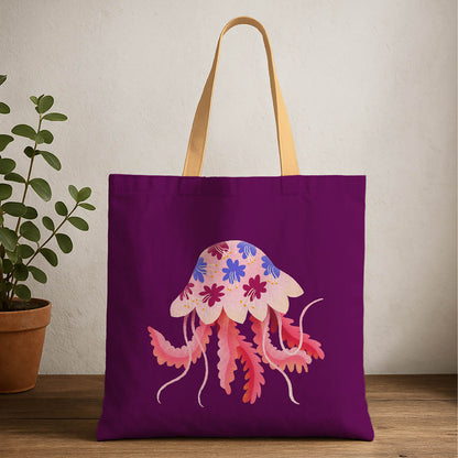 A purple tote bag featuring a colorful jellyfish design on the front.