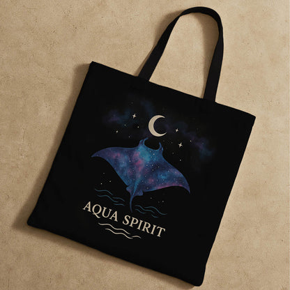 manta ray design bag with Aqua spirit name on it with a lively hue, ideal for shopping or casual outings, combining functionality and fashion.