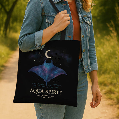 Stylish aqua spirit  manta ray design tote bag, showcasing a bright color and spacious design for everyday use.