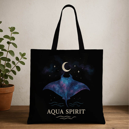 Manta ray design tote bag with moon above and aqua spirit written below featuring a vibrant design, perfect for carrying essentials with style and flair.