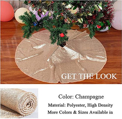 Champagne gold tree skirt with Christmas tree on a wooden floor