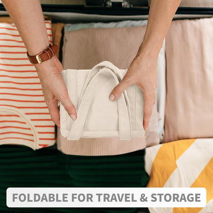 Person holding a beige travel organizer with clothes in the background, text 'Foldable for Travel & Storage'.