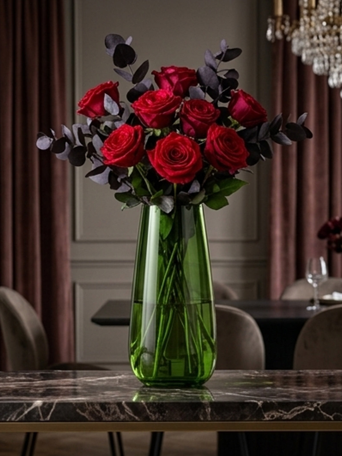 Olive Green Crystal Glass Flower Vase