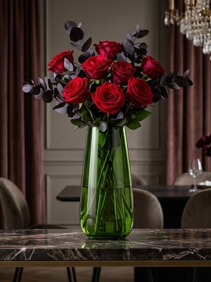 Olive Green Crystal Glass Flower Vase