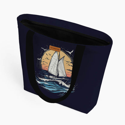 A tote bag displaying a sailboat on the ocean, emphasizing a tranquil and picturesque maritime landscape.