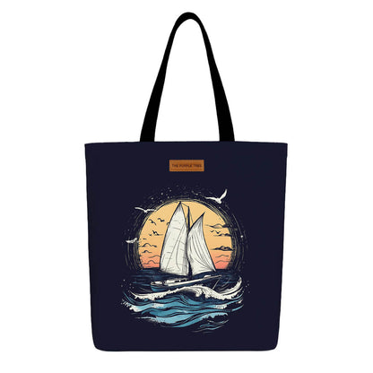 A tote bag featuring a sailboat gliding across a serene ocean, showcasing a vibrant maritime scene.