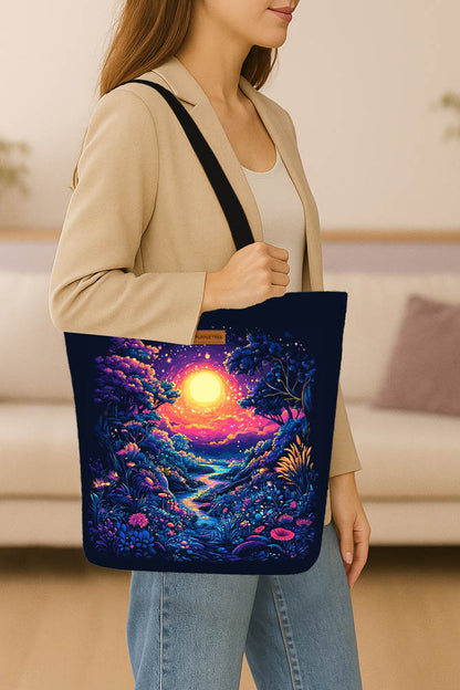 A tote bag adorned with a colorful forest scene and a sunset painting.