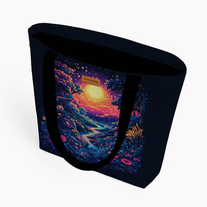A tote bag showcasing a lively forest and sunset artwork in bright colors.