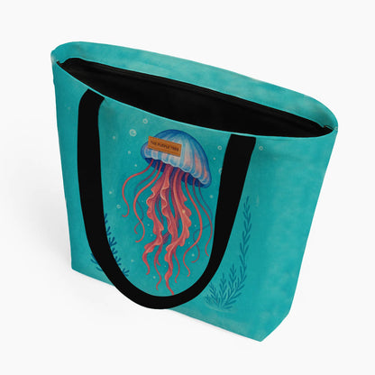 A tote bag displaying an artistic jellyfish illustration, highlighting its graceful form and flowing tentacles.