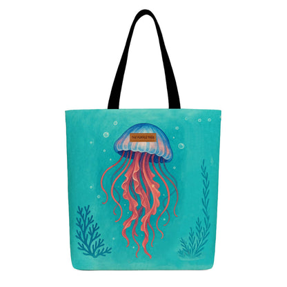 A tote bag featuring a colorful illustration of a jellyfish against a light background.