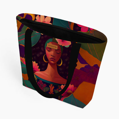 A tote bag with a design of a woman intertwined with flowers and leaves, highlighting a connection to nature.