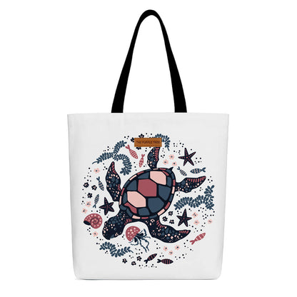 A tote bag featuring a colorful turtle design on a light background.